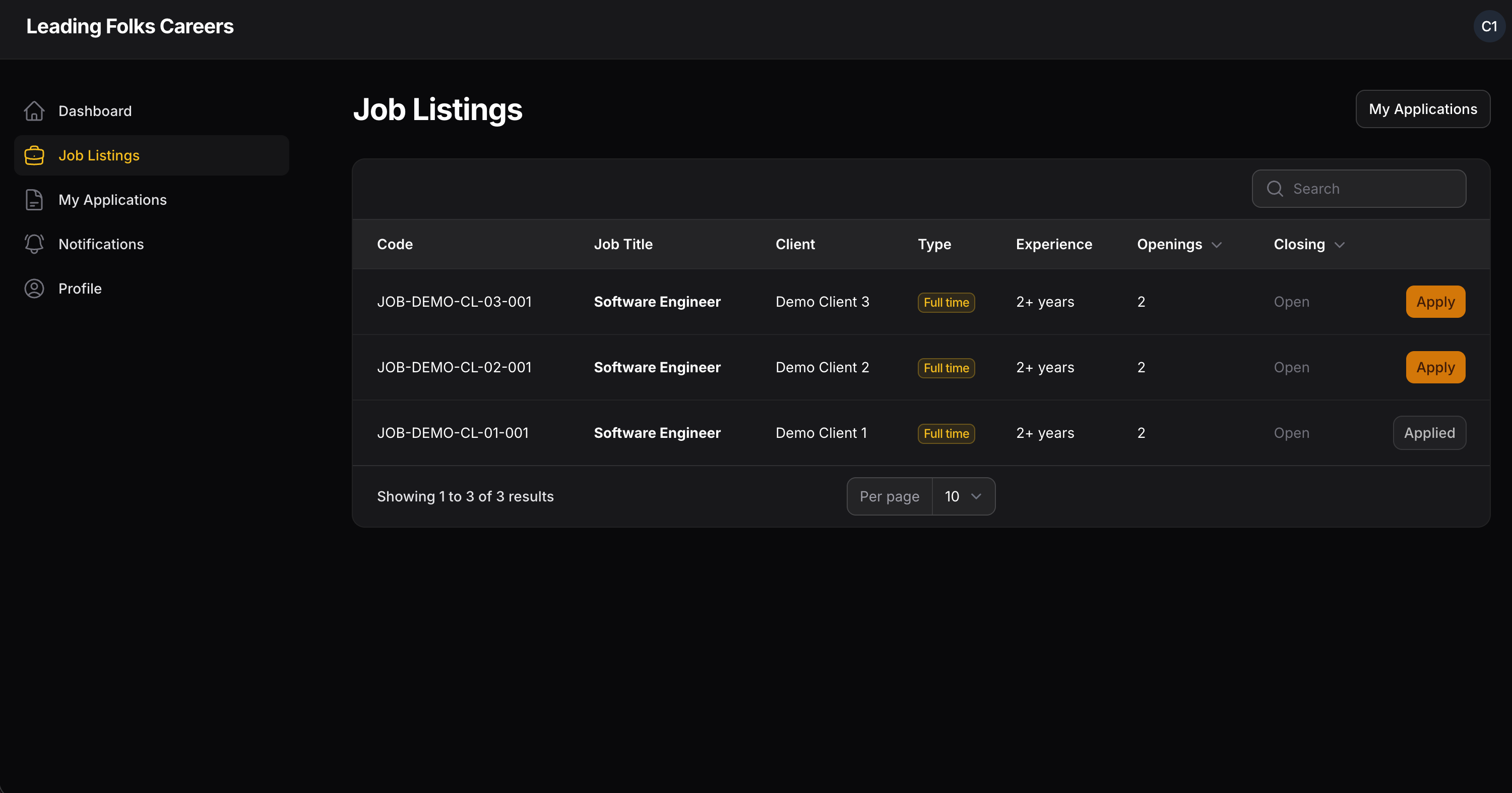Leading Folks job listings dashboard